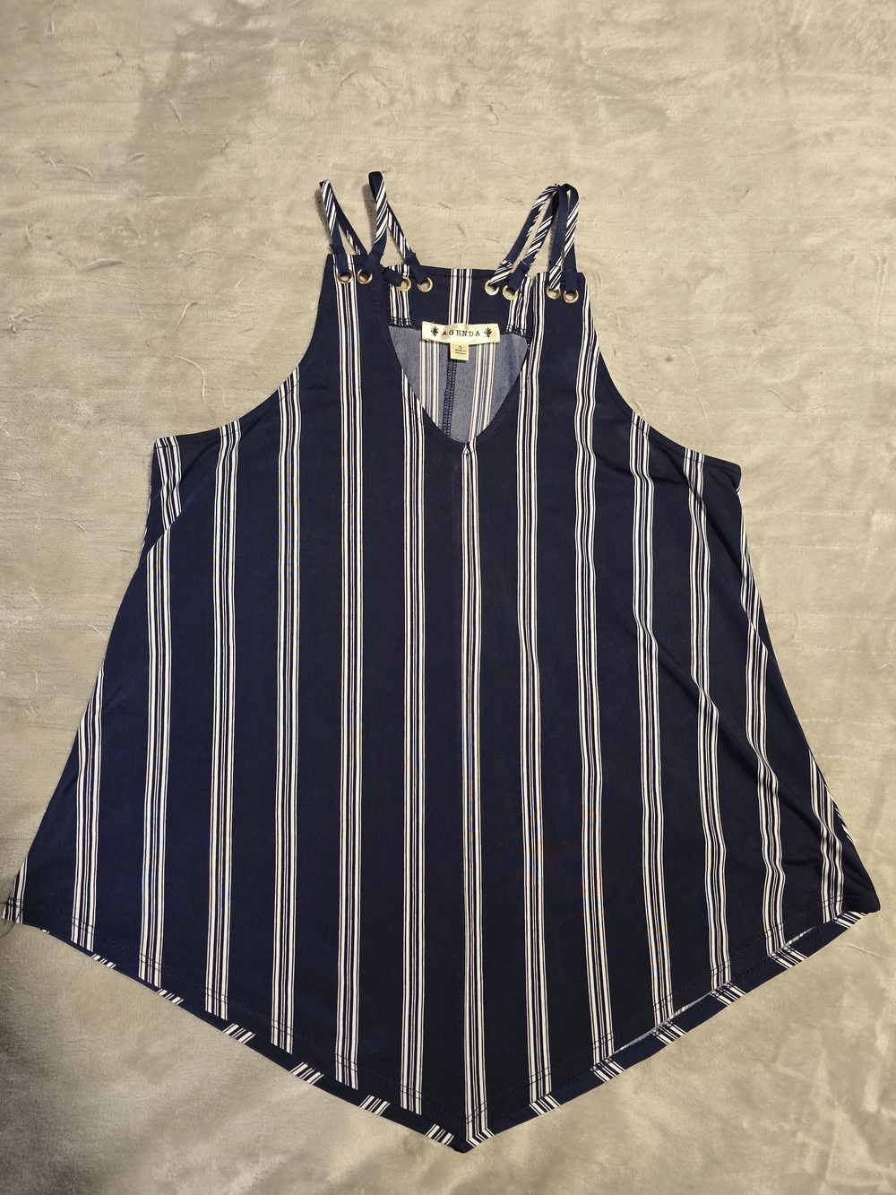 Agenda Navy White Striped Halter Handkerchief Hem Tank Top M